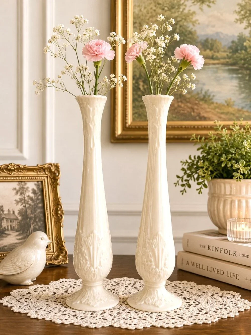 Pair Lenox Ivory Bud Vases Embossed Floral Porcelain Candlestick Style 10.75